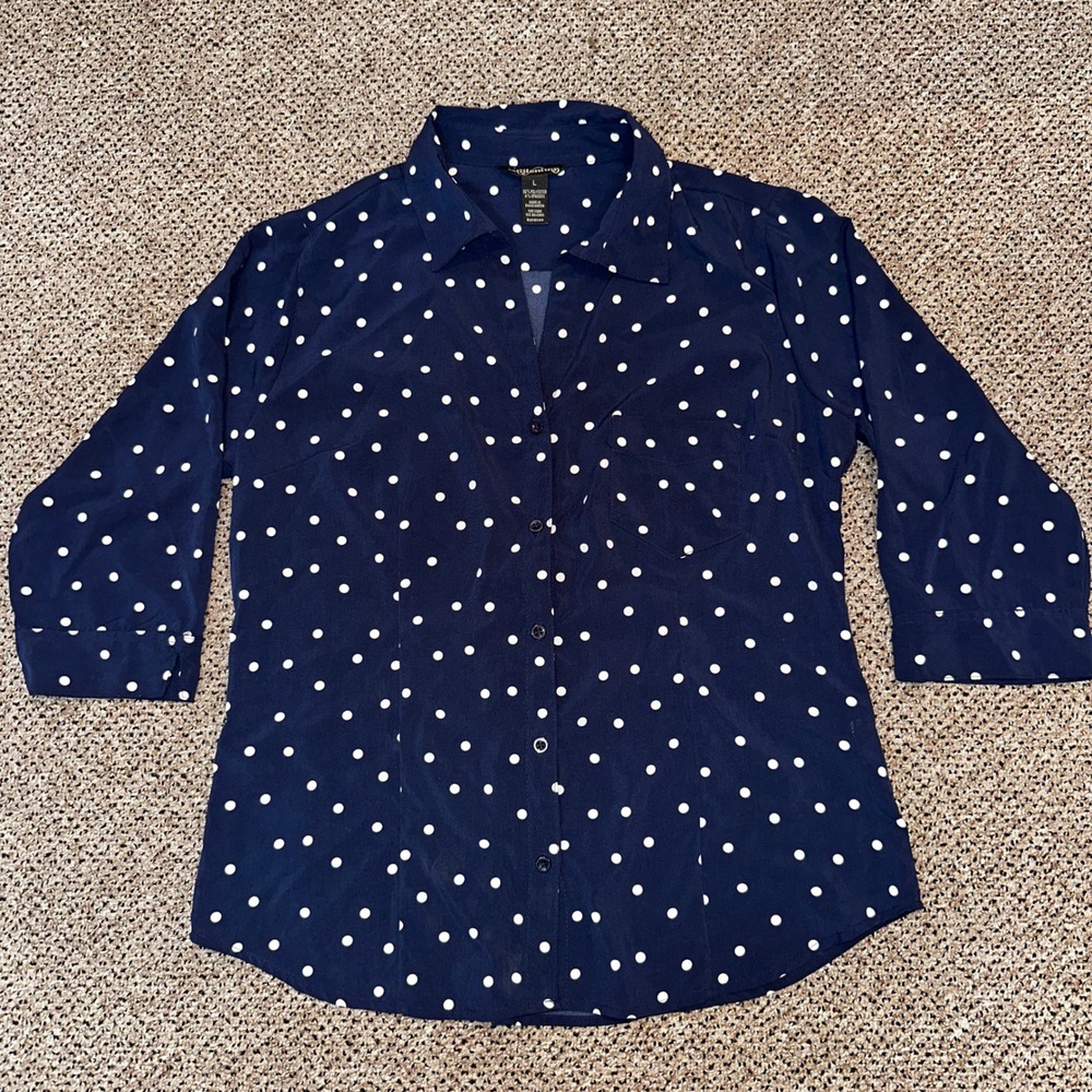 Millenium Navy Blue White Polka Dot Button Down 3/4 Sleeve Shirt Large